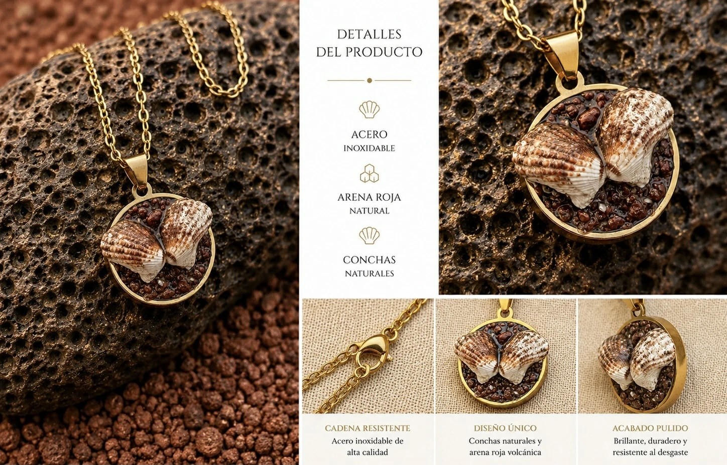 Colgante artesanal con conchas naturales en acero inoxidable dorado inspirada en Tenerife