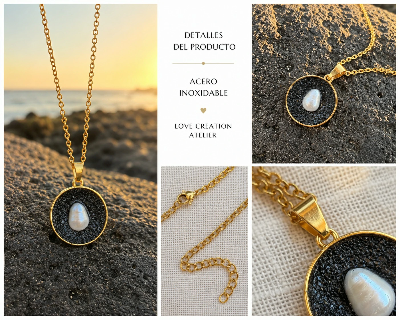 Colgante artesanal con perlas en acero inoxidable dorado inspirada en Tenerife