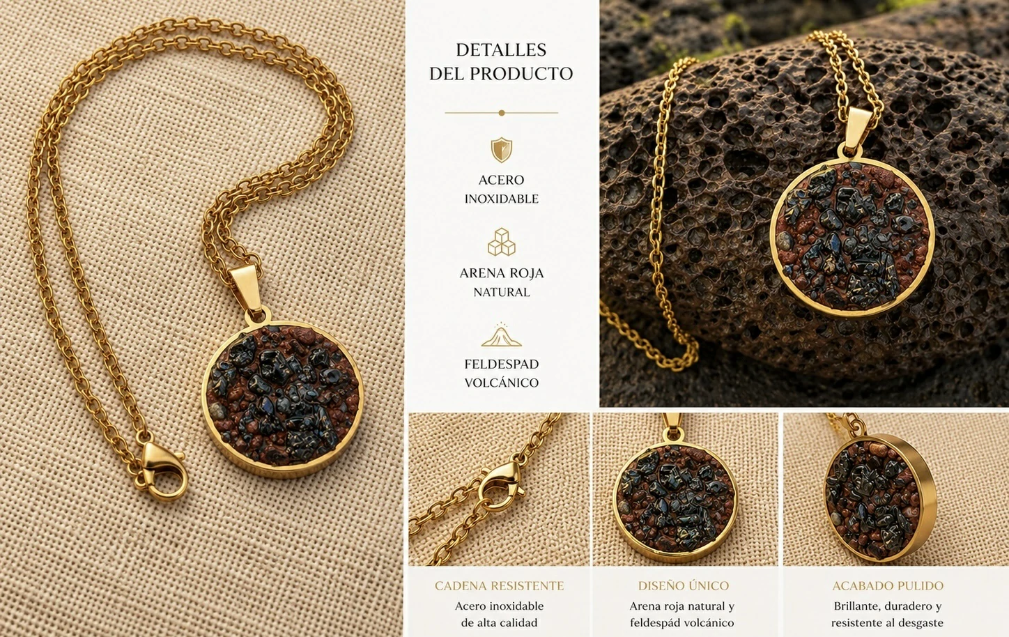 Colgante artesanal con feldespato volcánico en acero inoxidable dorado de la Colección Feldespato Volcánico inspirada en Tenerife