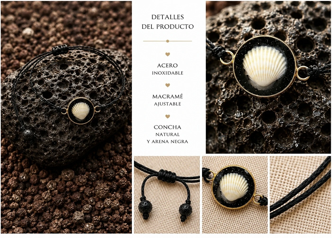 Pulsera artesanal con conchas naturales en acero inoxidable dorado inspirada en Tenerife