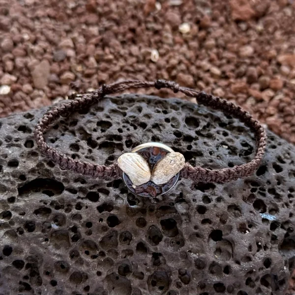Pulsera con concha natural y acero inoxidable plateado arena roja