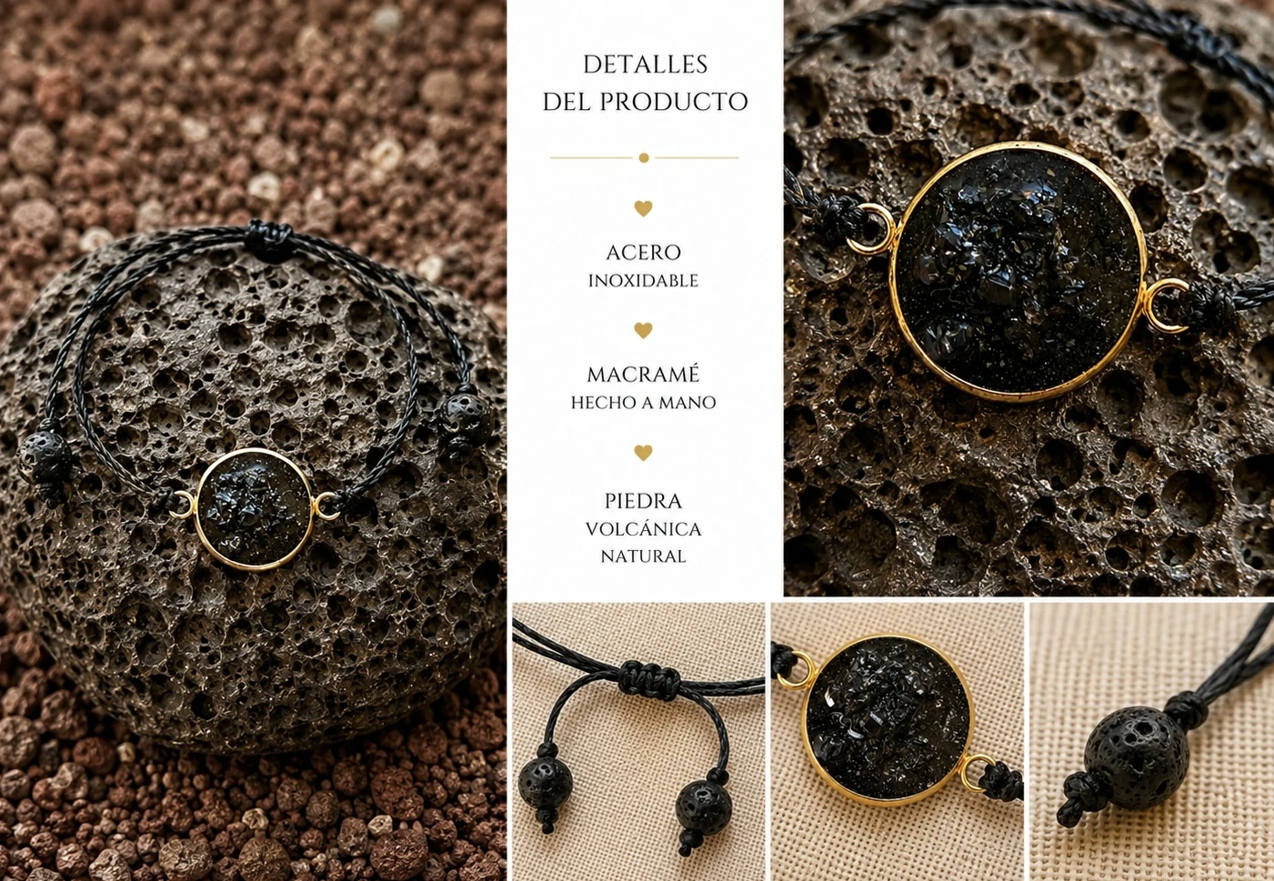 Pulsera artesanal con feldespato volcánico en acero inoxidable dorado de la Colección Feldespato Volcánico inspirada en Tenerife