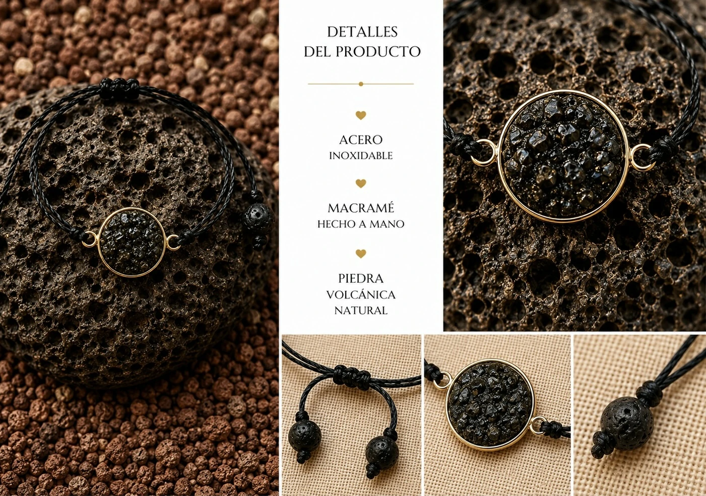 Pulsera artesanal con feldespato volcánico en acero inoxidable plateado de la Colección Feldespato Volcánico inspirada en Tenerife