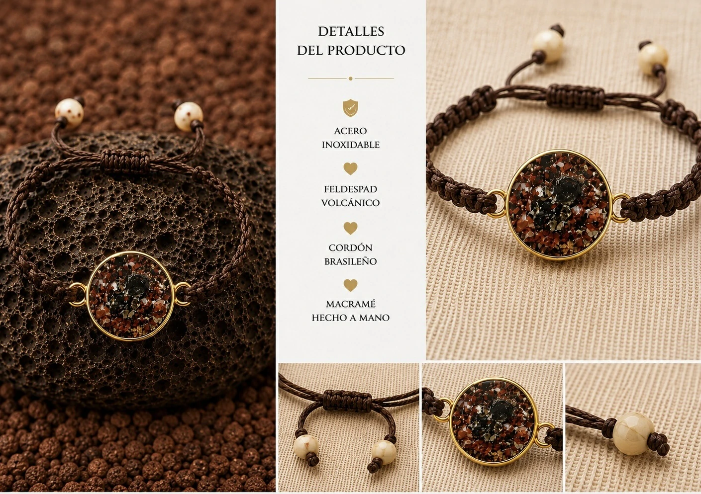 Pulsera artesanal con feldespato volcánico en acero inoxidable dorado de la Colección Feldespato Volcánico inspirada en Tenerife